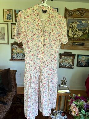 RRL Ralph Lauren Floral Cotton Midi Shirt Dress Cream Pink Vintage Style